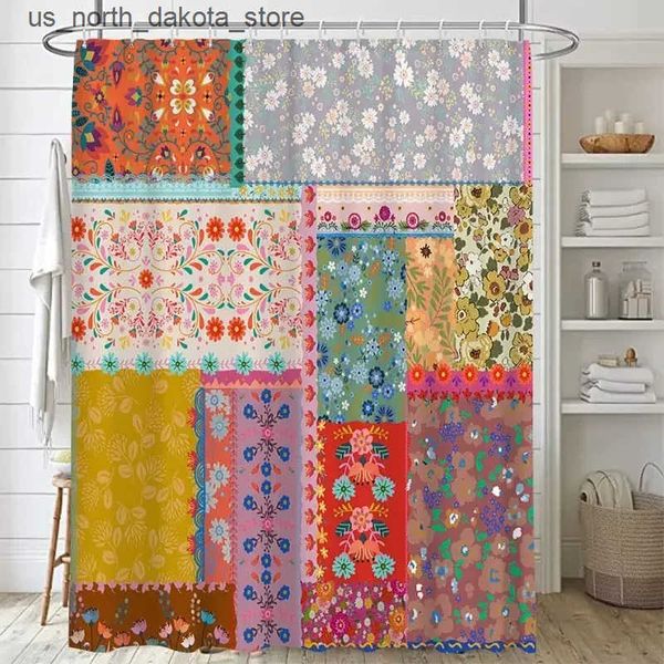 Bohemian-style printed shower curtain with vibrant floral patterns, waterproof fabric for bathroom use