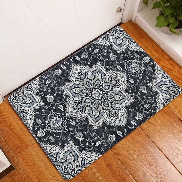 Boho Persian rug-patterned doormat in coral velvet, anti-slip and absorbent, perfect for kitchen, bath, or bedroom entryways