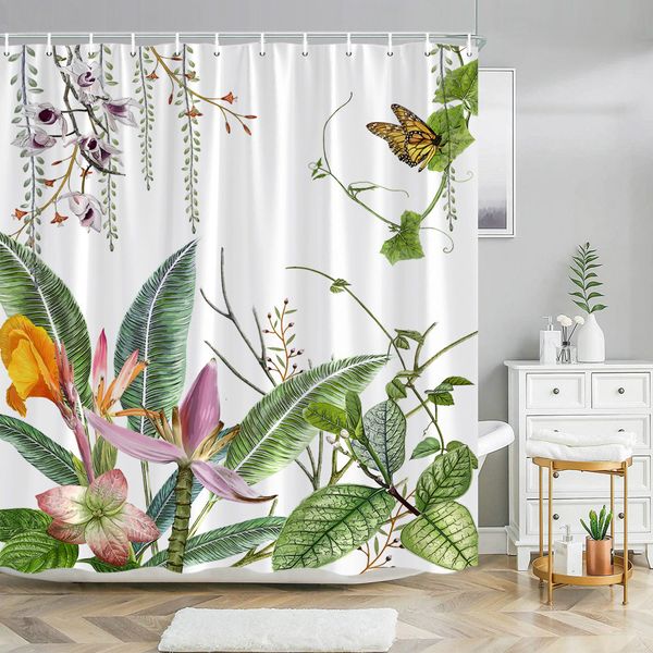 Botanical shower curtain featuring green leaves, hummingbirds, and a tropical nature landscape in polyester fabric for bathroom decor