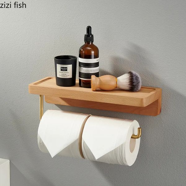 Brass and wood wall-mounted toilet paper and napkin holder for home storage
