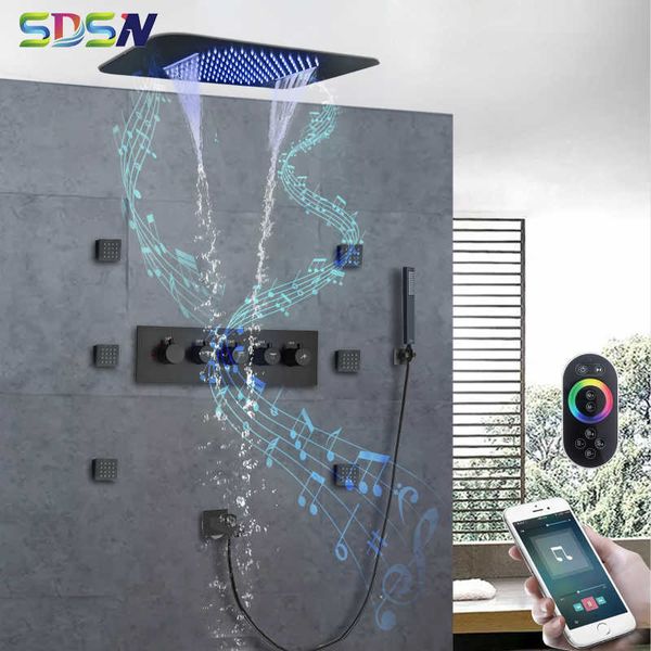 Brass black ceiling-mounted LED music shower system with rainfall shower head