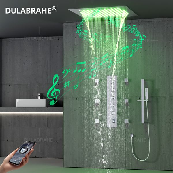Brass thermostatic shower set with ceiling-mounted 20-inch LED showerhead and music system