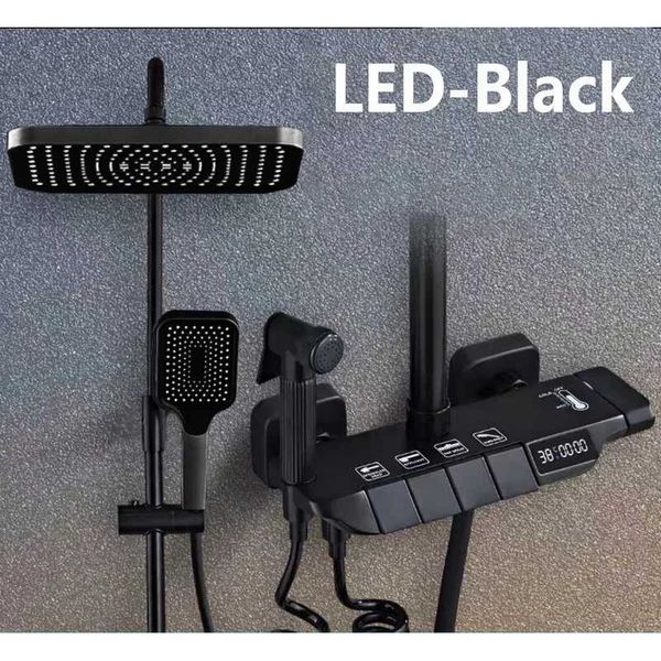 Brass wall-mounted 4-way digital shower set with rainfall thermostat mixer tap for bathtub C241225