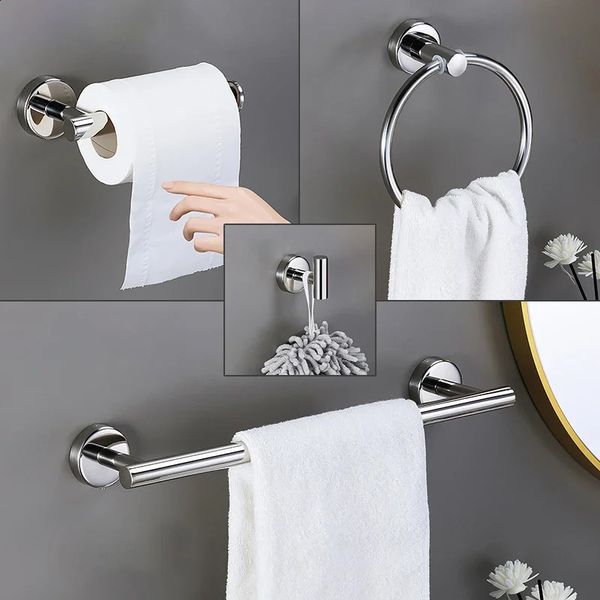 Bright silver bathroom hardware set featuring 304 stainless steel robe hooks, towel bars, and toilet paper holder rings