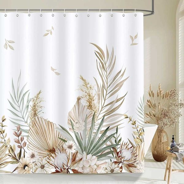Bright tan palm leaf floral pumpkin fall bath curtain set with hooks for home bathroom decor in polyester fabric
