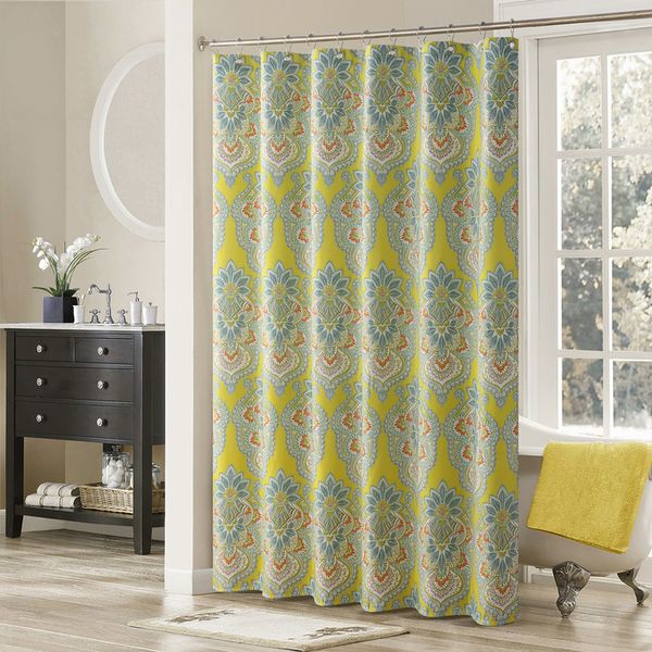 Bright yellow paisley polyester shower curtain, waterproof and modern with a fresh green decorative design