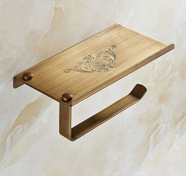Bronze vintage-style bathroom shelf with durable carving, antique wall mount for toilet paper and phone