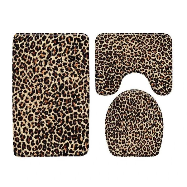 Brown leopard print bath mat set featuring a stylish animal fur pattern, perfect for women and girls to enhance bathroom decor with fashionable floor rugs and toilet lid cover