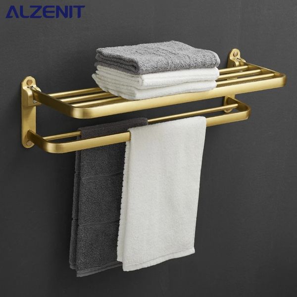 Brushed gold European-style aluminum bathroom accessories set with towel rack, shelf, and paper holders