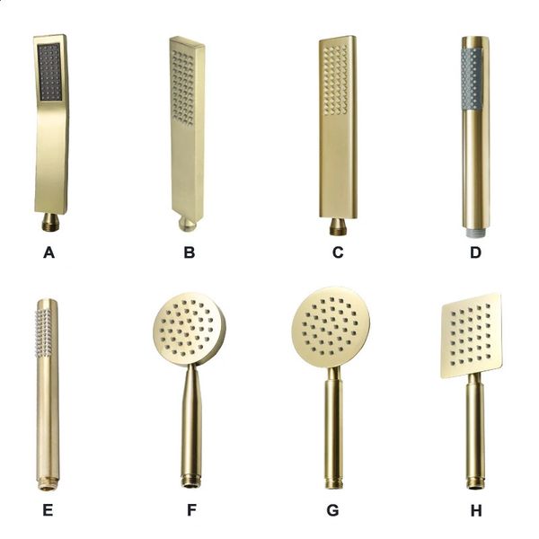 Brushed gold handheld showerhead with gold finish, available in brass or stainless steel for bathroom rain spray