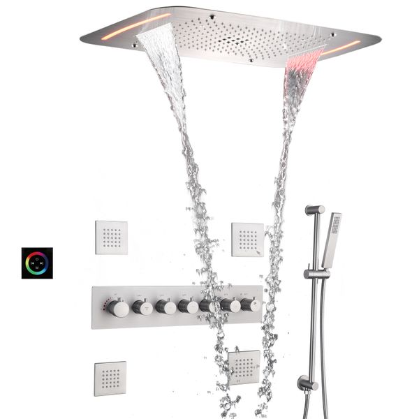 Brushed LED Rain Shower System Set featuring a 28x17 inch large waterfall showerhead with thermostatic massage sprayer and multi-functional body jets