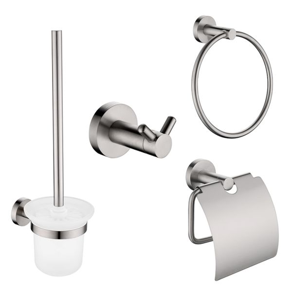 Brushed stainless steel bathroom set with towel ring, toilet paper holder, brush hanger, and robe hook LJ201209