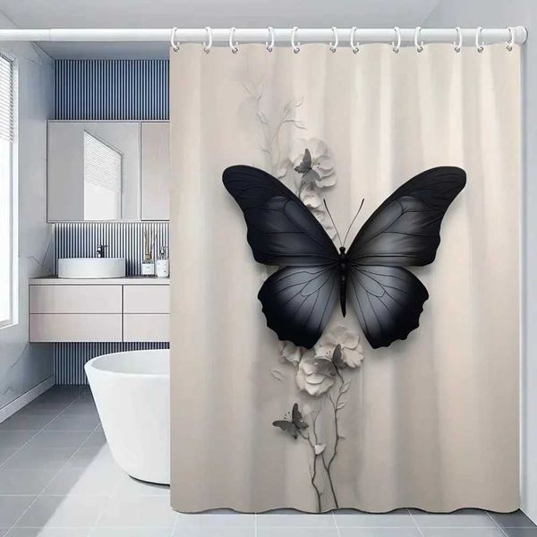 Butterfly-patterned waterproof shower curtain for bathroom decor, full shower set included