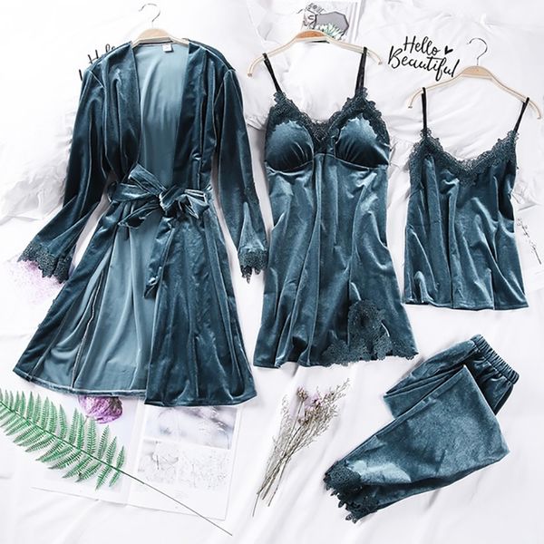 BZEL Women's Velvet Robe and Nightdress Set - 4-Piece Gold Sleepwear for Autumn/Winter Homewear Y20042