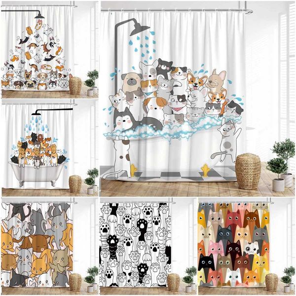 Cartoon animal shower curtain featuring playful cat and dog paw prints, perfect for kids' bathroom decor with included hooks
