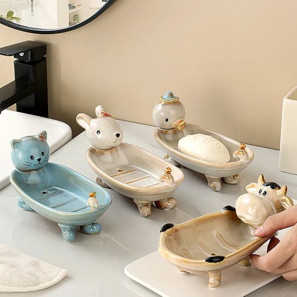 Cartoon animal-shaped ceramic soap dish for bathroom, cute bathtub design soap holder accessory