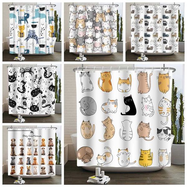 Cartoon cat shower curtains featuring playful animals, adorable cats and dogs, with colorful prints for kids, waterproof bathroom decor with straps and hooks