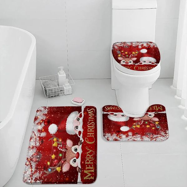 Cartoon Christmas Bath Mat Set featuring Santa Claus, Elk, Red Xmas Balls, and Fir Branch for festive home bathroom decor