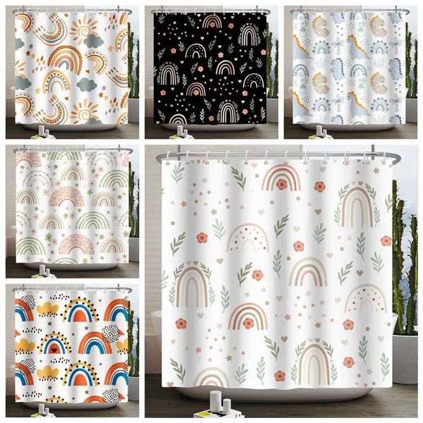Cartoon shower curtain featuring a playful rainbow, clouds, sun, stars, flowers, and unicorns for kids' bathroom decor