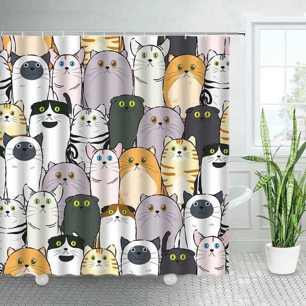 Cat Printed Shower Curtain featuring a cute cartoon bear design, made of polyester fabric with hooks for bathroom decoration