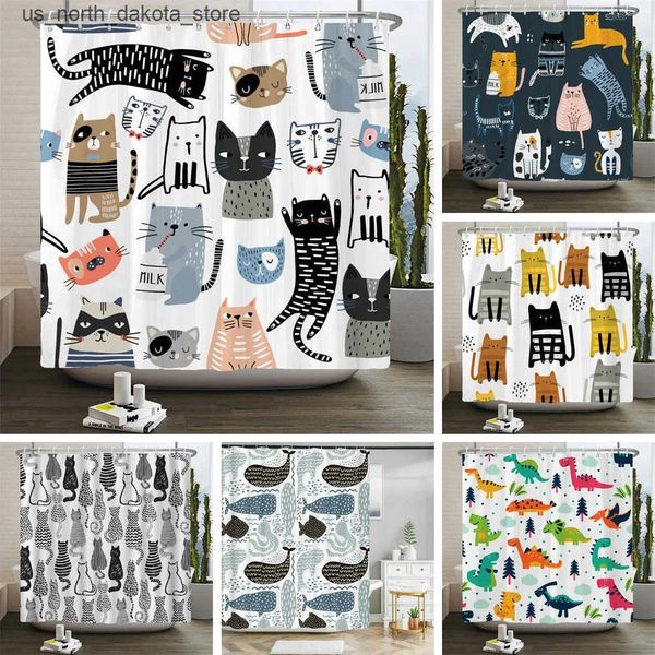 Cat-themed printed cartoon animal bathroom shower curtains with 12 hooks J241205