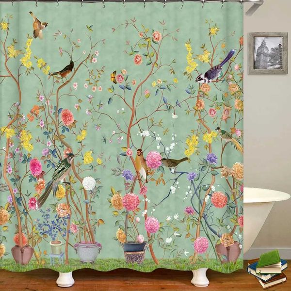 Chinese floral and bird-patterned shower curtains, waterproof bathroom decor with hooks, 3D printed designs