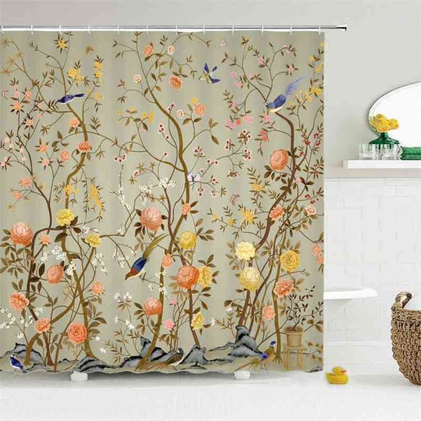 Chinese floral bird shower curtain, waterproof polyester fabric for bathroom, printed bath screen mat 210402
