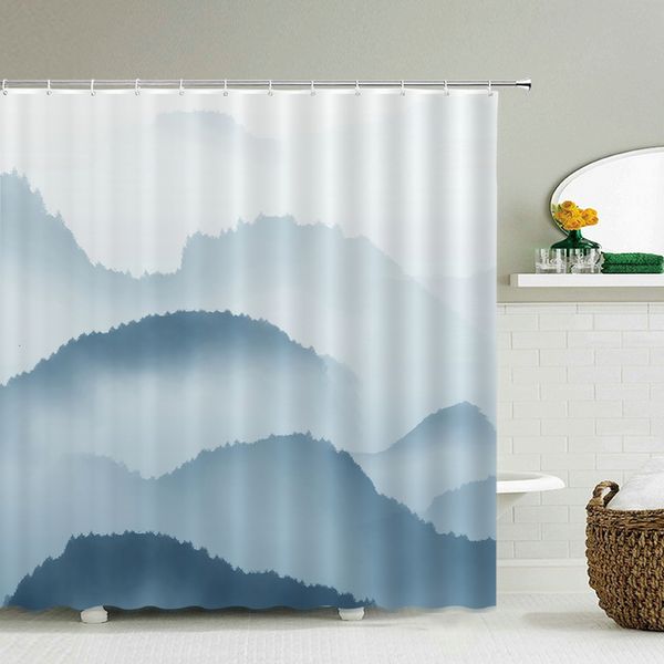 Chinese landscape shower curtain made of waterproof polyester with ink painting design for bathroom