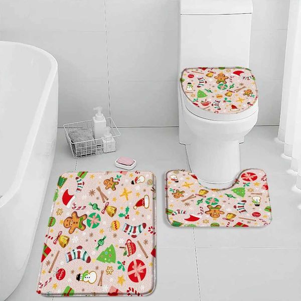 Christmas cartoon bath mat set featuring snowman, elf, pine tree, hat, socks for kids' bathroom decor and toilet cover