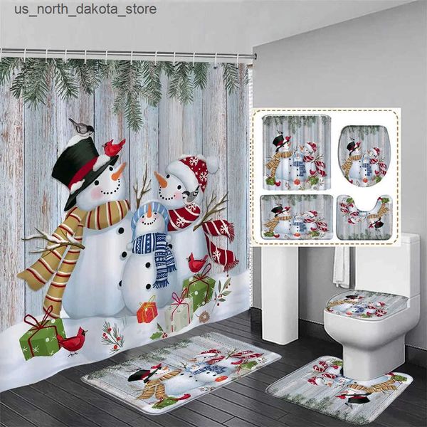Christmas-themed bathroom set featuring Santa and snowman shower curtains with matching carpet for festive decor