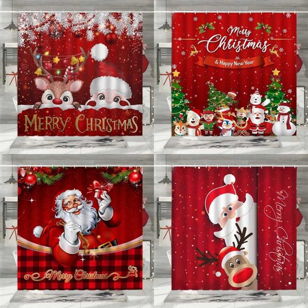 Christmas-themed shower curtain featuring winter holiday farm motifs with snowmen, Santa Claus, Christmas trees, farmhouse scenes and decorative balls for festive bathroom decor