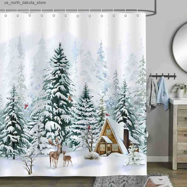 Christmas-themed shower curtains featuring winter farm scenes with barn, snowman, moose, berries, Christmas trees, snowy landscapes, and red birds for bathroom decoration