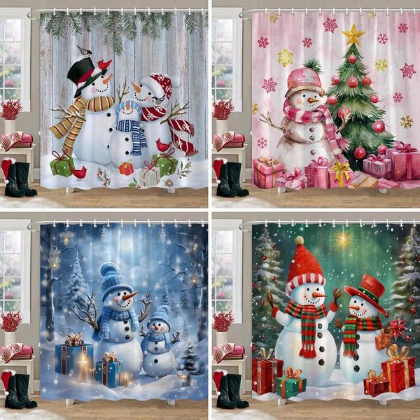 Christmas-themed snowman shower curtain featuring cheerful Santa, elves, reindeer, and a red truck design, made of polyester with hooks for bathroom decor