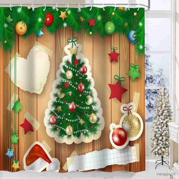 Christmas-themed waterproof shower curtain featuring snowy designs, with 12 decorative ships for bathroom decor