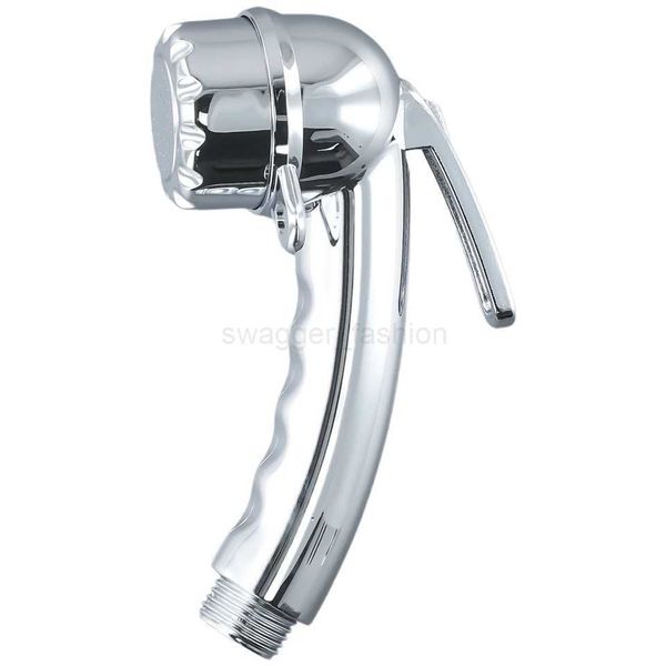 Chrome-colored shower head with start/stop button for bidet, toilet nozzle, or faucet in bathroom or kitchen
