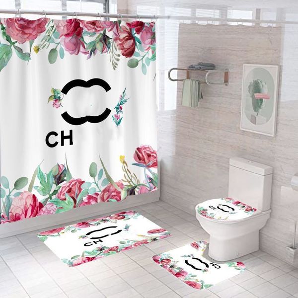 Classic printed designer curtain or four-piece bathroom mat set for home decor