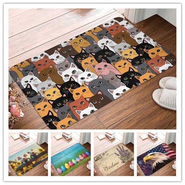 Colorful Cat Entrance Welcome Door Mat Non Slip Kitchen Rugs Home Doormat Cartoon Decor Rug Super Absorbent Carpet for BathroomC241227