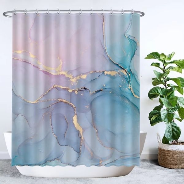 Colorful marble-pattern shower curtain featuring watercolor-style blue and green abstract ink designs for bathrooms