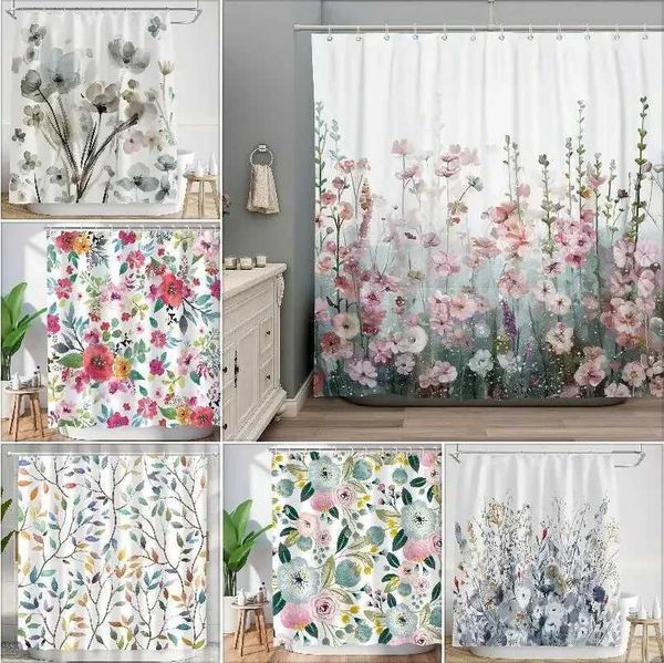 Colorful watercolor floral shower curtain featuring romantic wildflowers and nature scenery, perfect for a girl's pink-themed bathroom decor