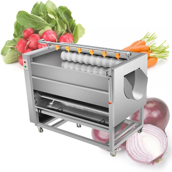 Commercial brush machine for peeling and washing fruits and vegetables including potatoes, sweet potatoes, radishes, ginger, and lotus roots