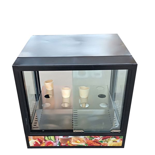 Commercial desktop food warmer for burgers, pizza, and cooked dishes in a heated display cabinet