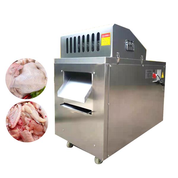 Commercial poultry meat processing equipment for automated dicing of frozen beef cubes and chicken breast, including skeleton cutting functionality