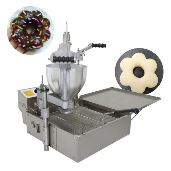 Commercial stainless steel donut machine for dessert shops featuring three spherical flower-shaped mold sets