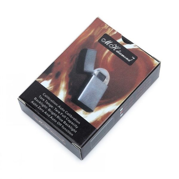Compact digital jewelry scale with 0.01g precision, available in 100g and 200g capacities, featuring a stylish mini lighter design and retail packaging