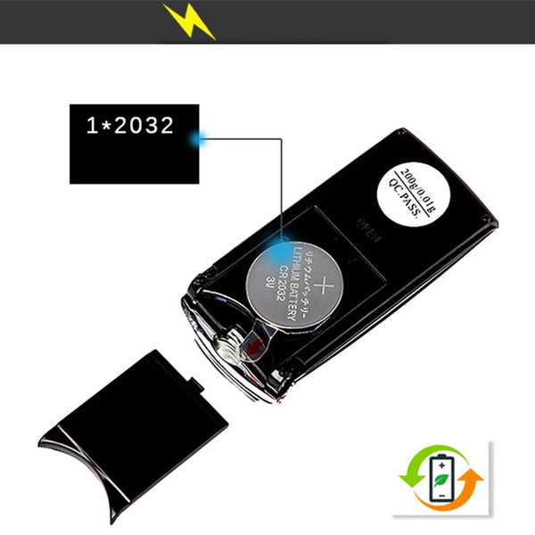 Compact digital pocket scale for jewelry, herbs, and gold with a 200g capacity and 0.01g precision, featuring a car key design and retail packaging