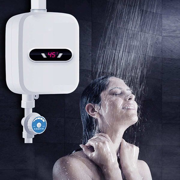 Compact electric instant water heater for quick showers, no storage needed