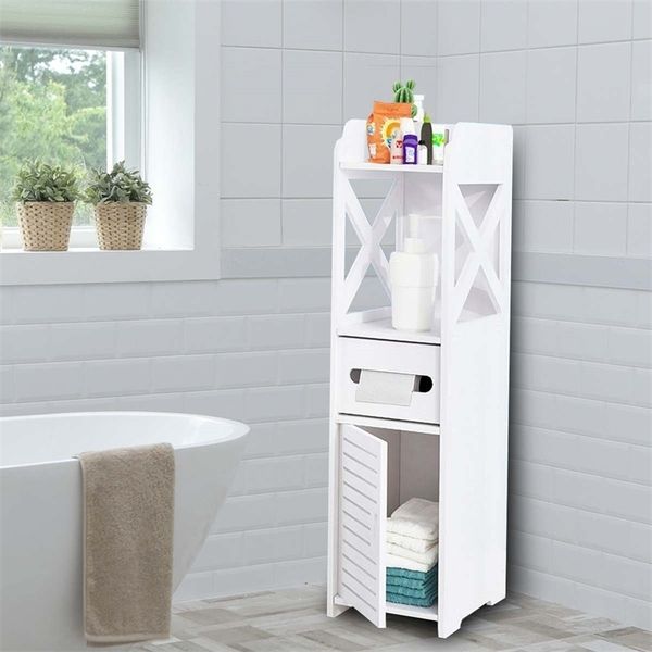 Compact waterproof storage cabinet for small bathroom toilet organization, standing floor rack with shower corner and washbasin shelf space