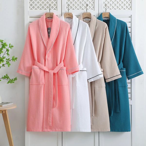 Cotton Couples Bathrobe for Spring/Summer - Waffle Weave, Absorbent Long Sleeve Sleepwear