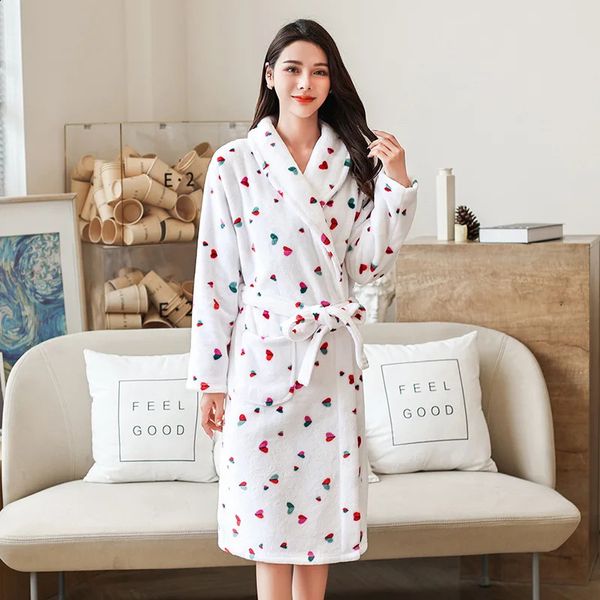 Cozy flannel printed robe for autumn and winter, loose casual home wear, warm coral fleece nightwear, women's sexy bathrobe, thickened sleepwear