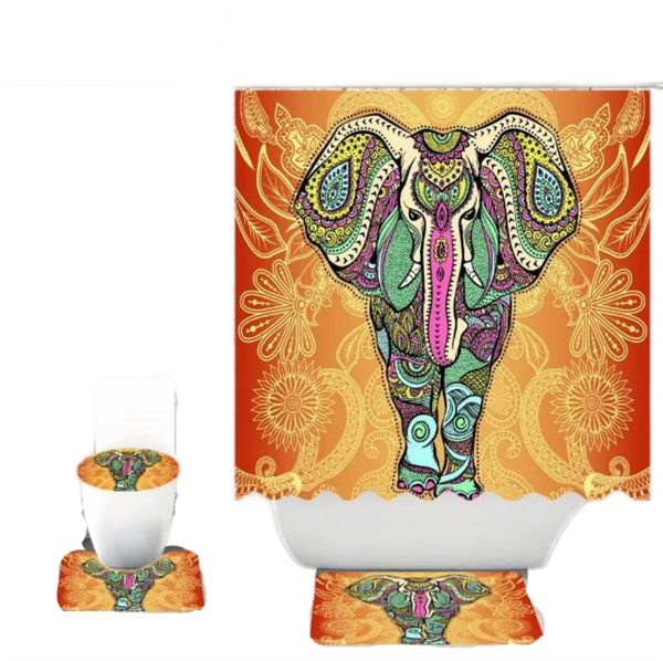 Creative digital printed waterproof bathroom shower curtain featuring an elephant design, includes hooks for easy hanging